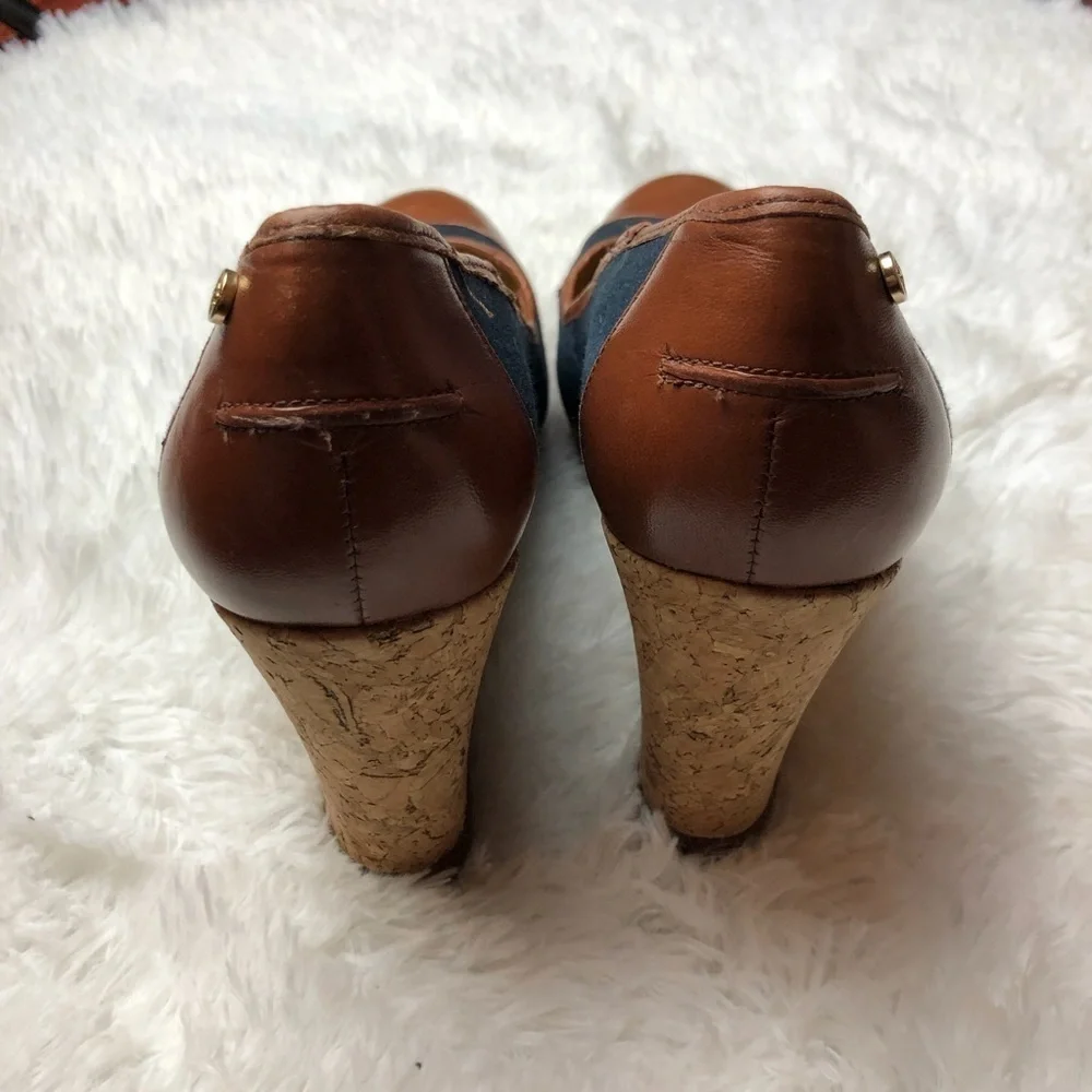 ANTONIO MELANI Blue/Brown/Cork Drew Wedge Sz 10